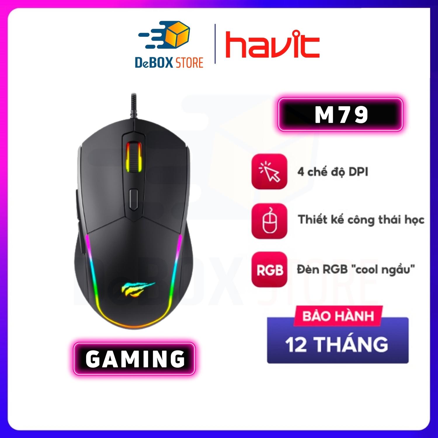 Chuột Gaming HAVIT M79, Đèn RGB, Tích Hợp 6 Nút Điều Chỉnh + 4 Chế Độ DPI, Tuổi Thọ 5tr Lần Nhấn - Hàng Chính Hãng