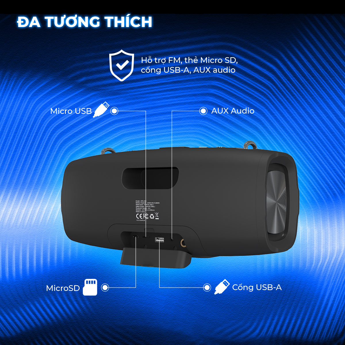 Loa Bluetooth di động Energizer BTS-204 kiêm sạc dự phòng kèm Micro Karaoke - Kết nối bluetooth 5.0, hỗ trợ FM radio, thẻ Micro SD, cổng sạc USB-A - HÀNG CHÍNH HÃNG