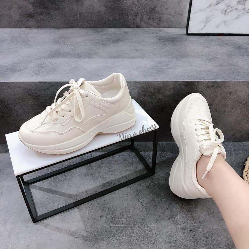 Giày sneakers nữ, giầy thể thao nữ độn đế 5p màu trắng kem dáng gọn chân hot trend