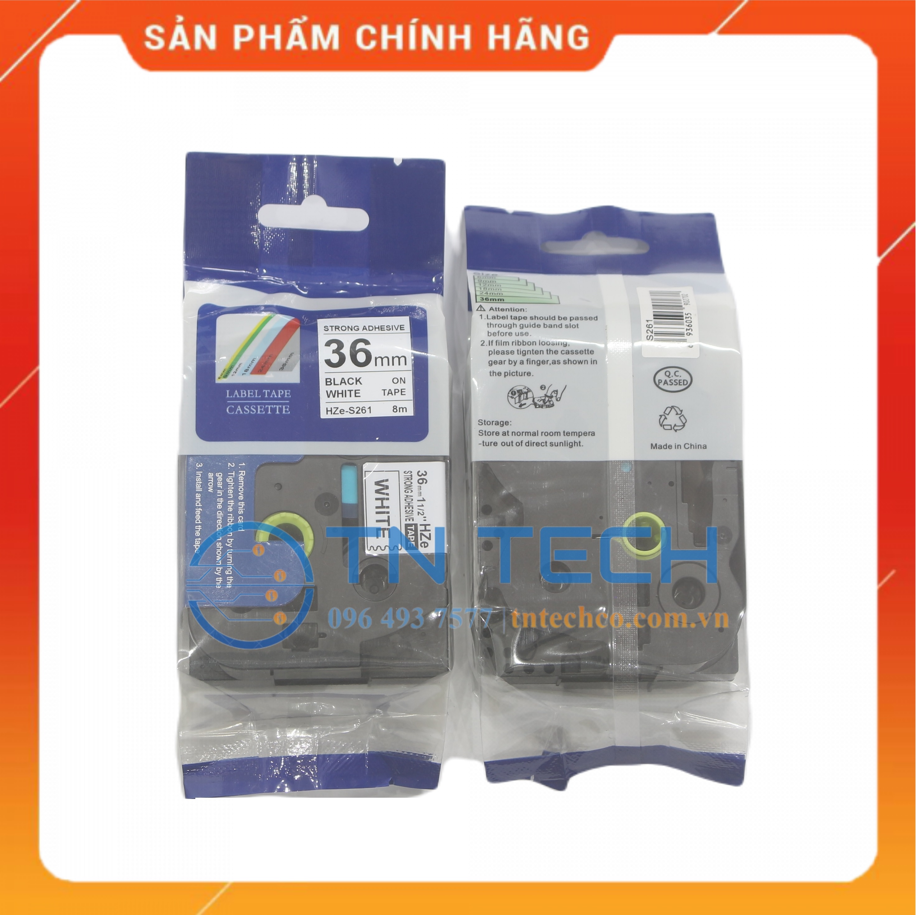 Nhãn In HZE-S261 - Đen nền trắng 36mm x 8m - Dùng cho máy in BROTHER - AIMO - PUTY [Hàng nhập khẩu]