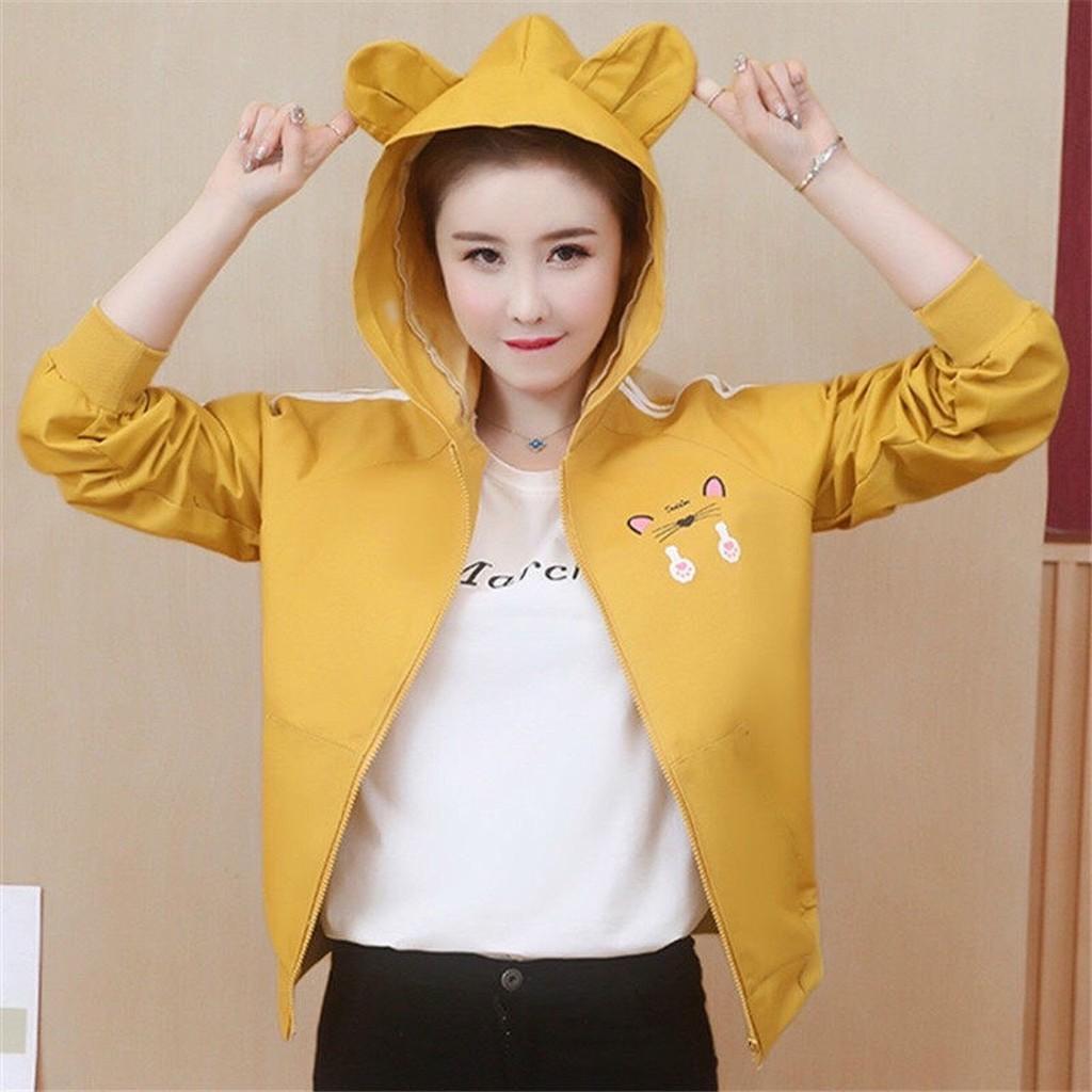 Áo khoác nữ hồng dù 2 lớp unisex - Hoodie có mũ nón bomber form rộng chống nắng mùa đông tai thỏ, tai mèo