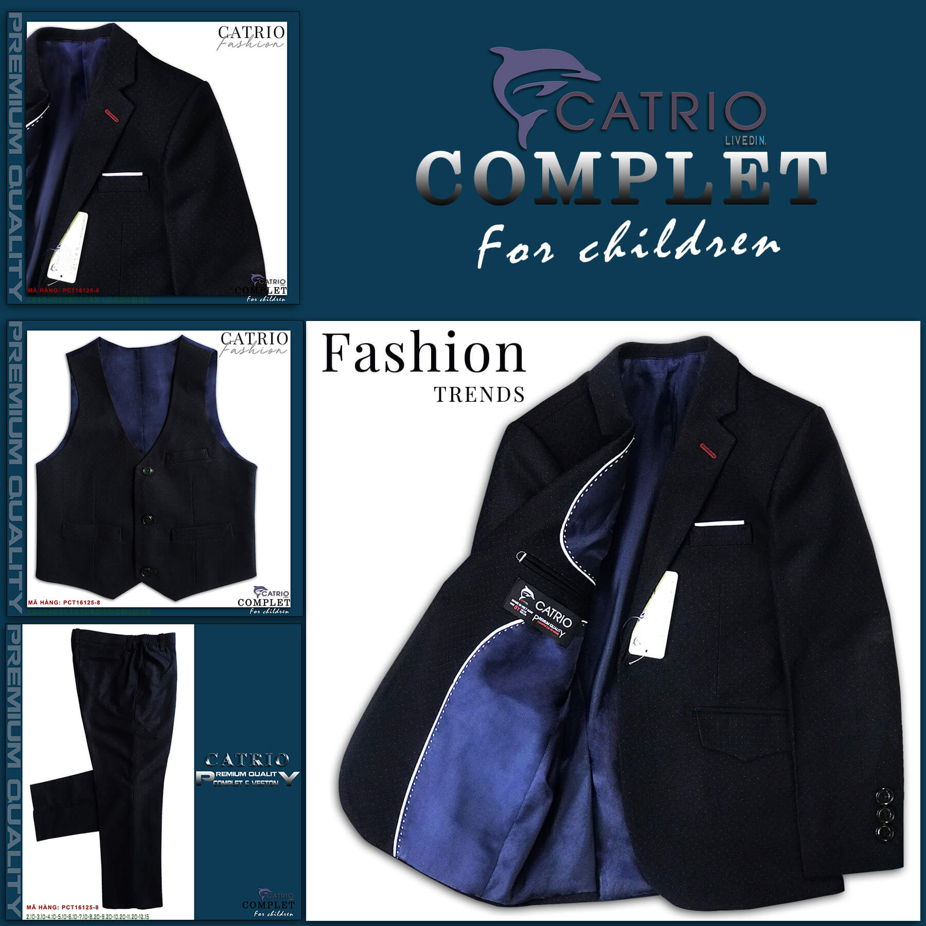 BỘ VEST BÉ TRAI CATRIO PCT16125/8 LÀ BỘ COMPLET TRẺ EM từ 6 tuổi đến 10 tuổi (25kg đến 35kg) thuộc bộ sưu tập quần áo trẻ em trang trọng cho mùa lễ hội, tết, tiệc cưới, sự kiện sinh nhật, được làm bằng vải dạ cao cấp nhất, đẹp đến từng chi tiết
