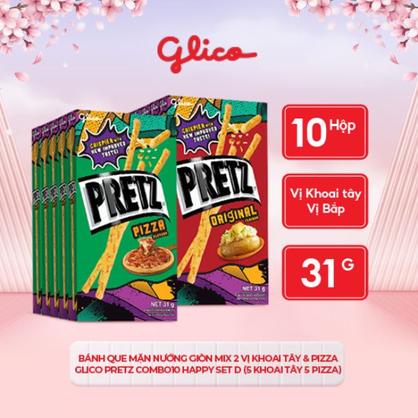 Bánh que mặn nướng giòn mix 2 vị khoai tây &amp; pizza GLICO Pretz (Combo Happy Set D - 5 khoai tây 5 pizza)