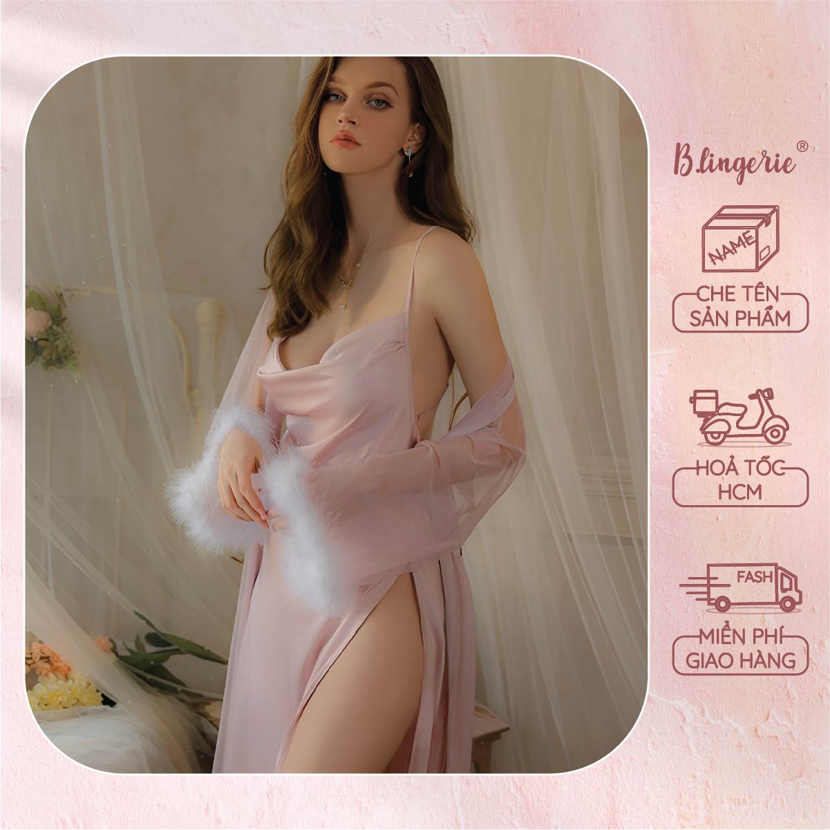 Váy Ngủ Trơn Xẻ Tà Nữ Tính (Kèm Áo Choàng) - B.Lingerie