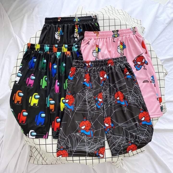 (40-65kg) Quần Short cartoon hình thú unisex nam/nữ chất thun cào. Quần short nam. Quần short nữ. Họa tiết: thú mỏ vịt tím - chó vàng - gà vàng -  shin cậu bé bút chì - máy game BMO xanh ngọc - thú mỏ vịt vàng - perry - vịt đen - thỏ tím - tororo xám - gấu koya xanh ngọc - tim trắng - bts đen - mèo tím - stitch trắng - vô diệm xanh - khủng long cam - ngựa pony hồng