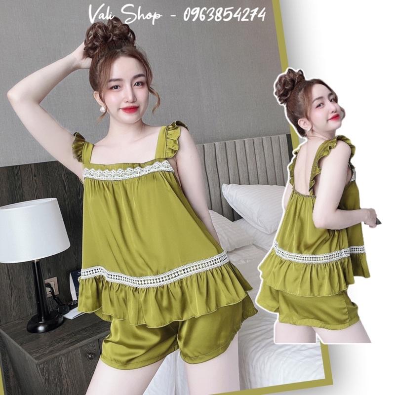 Đồ ngủ lụa latin cao cấp 2 dây cột nơ màu trơn quần phối ren freesize 40-57kg