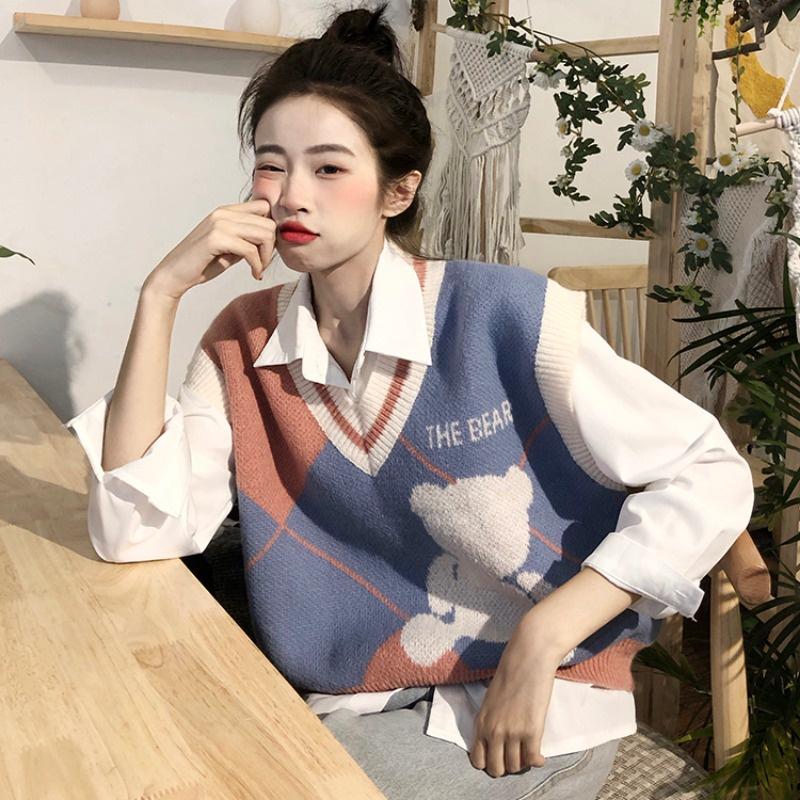 Áo gile dệt kim ngắn retro áo vest không tay cổ V phong cách Hàn