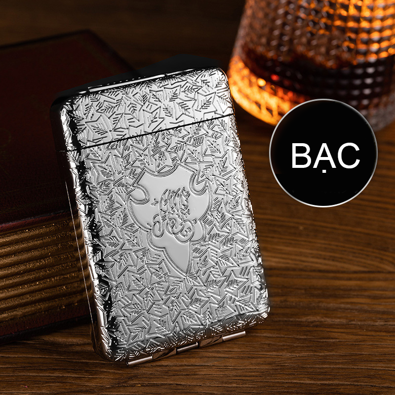 Bật Lửa Điện Kiêm Hộp Đựng Thuốc 16 Điếu Lớn Ngắn Đồng Thau Hoa Văn Cổ