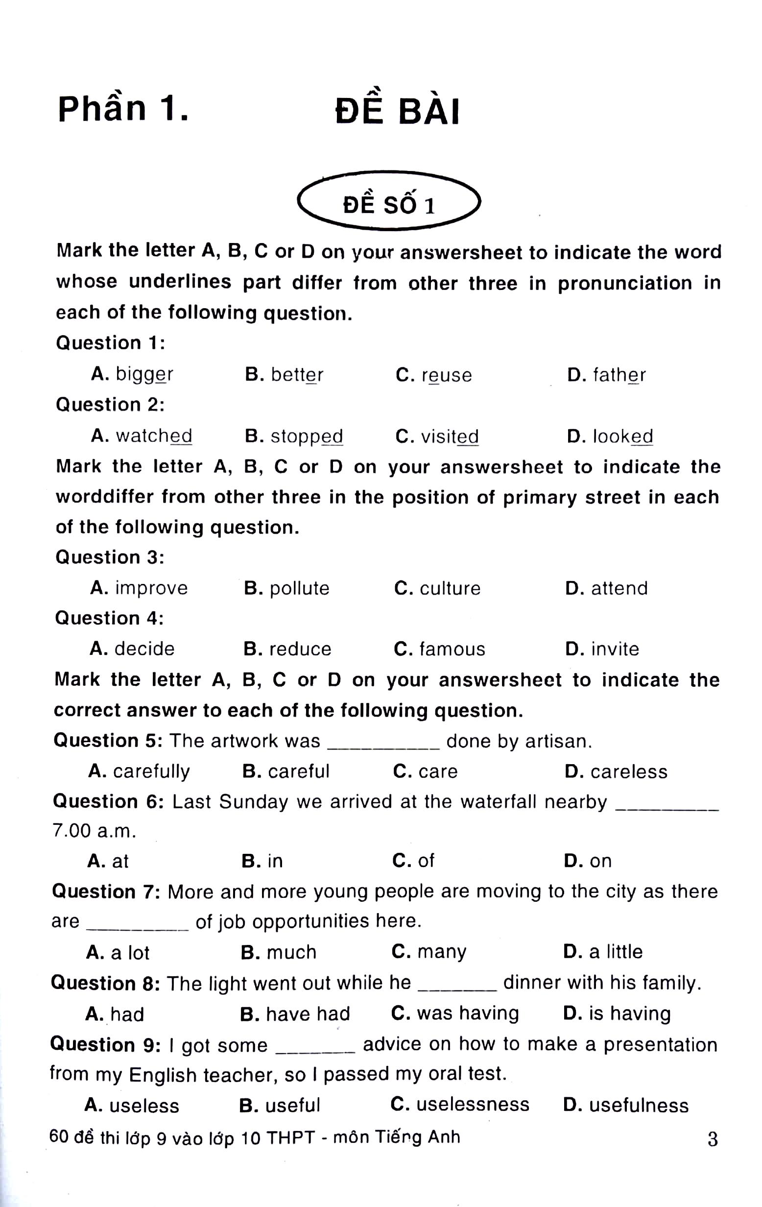 60 Đề Thi Lớp 9 Vào Lớp 10 Thpt Môn Tiếng Anh Không Chuyên (Phiên Bản Mới Nhất)