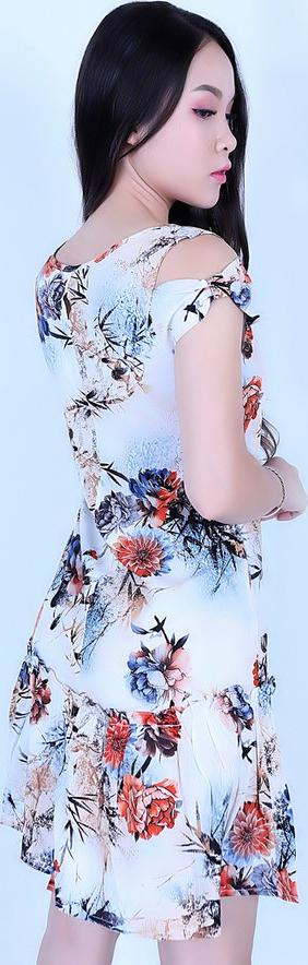 Váy đầm lanh Vicci Thái 3D TVN004.9 hoạ tiết hoa hoa nâu nền trắng