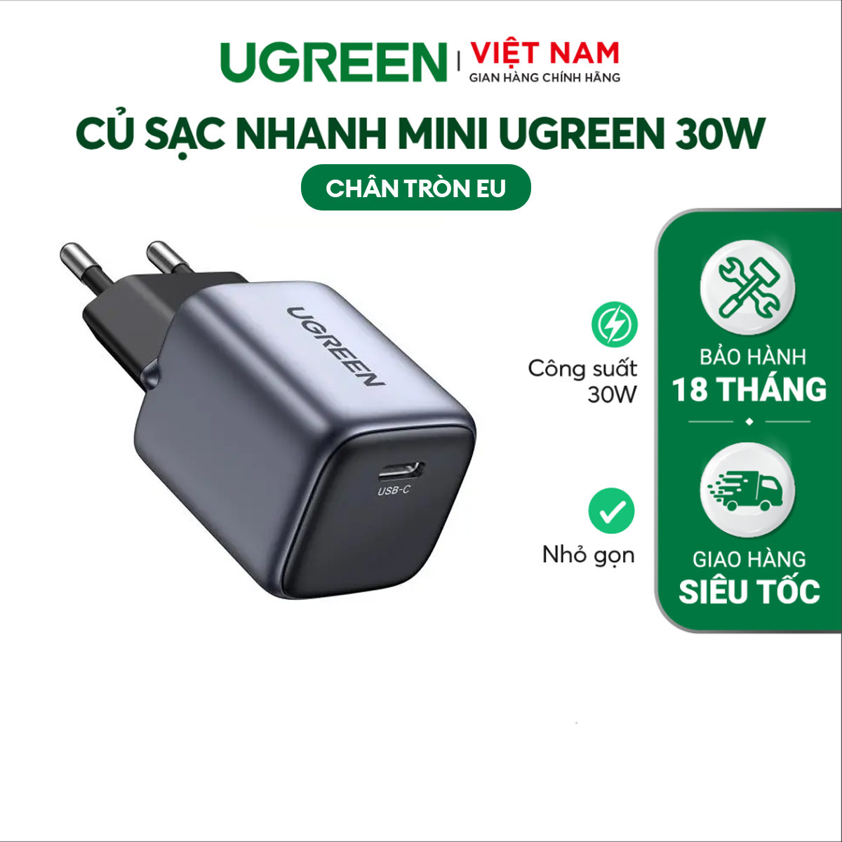 Củ sạc nhanh MINI 30W GaN UGREEN CD319 – Sạc nhanh Type C – Công suất 30W – Công nghệ GaN tiên tiến – Hàng Chính Hãng