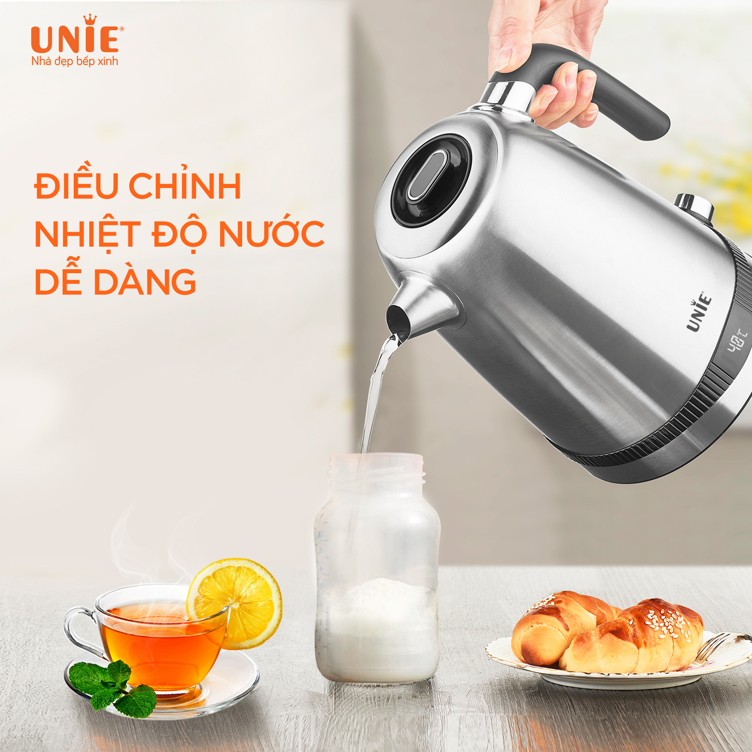 Ấm Siêu Tốc Cao Cấp UNIE UEK1761S Tiêu Chuẩn Đức Vỏ 5 Lớp Inox Sang Trọng, Dung Tích 1.7 Lít Công Suất Cao 2200 W - Hàng Chính Hãng