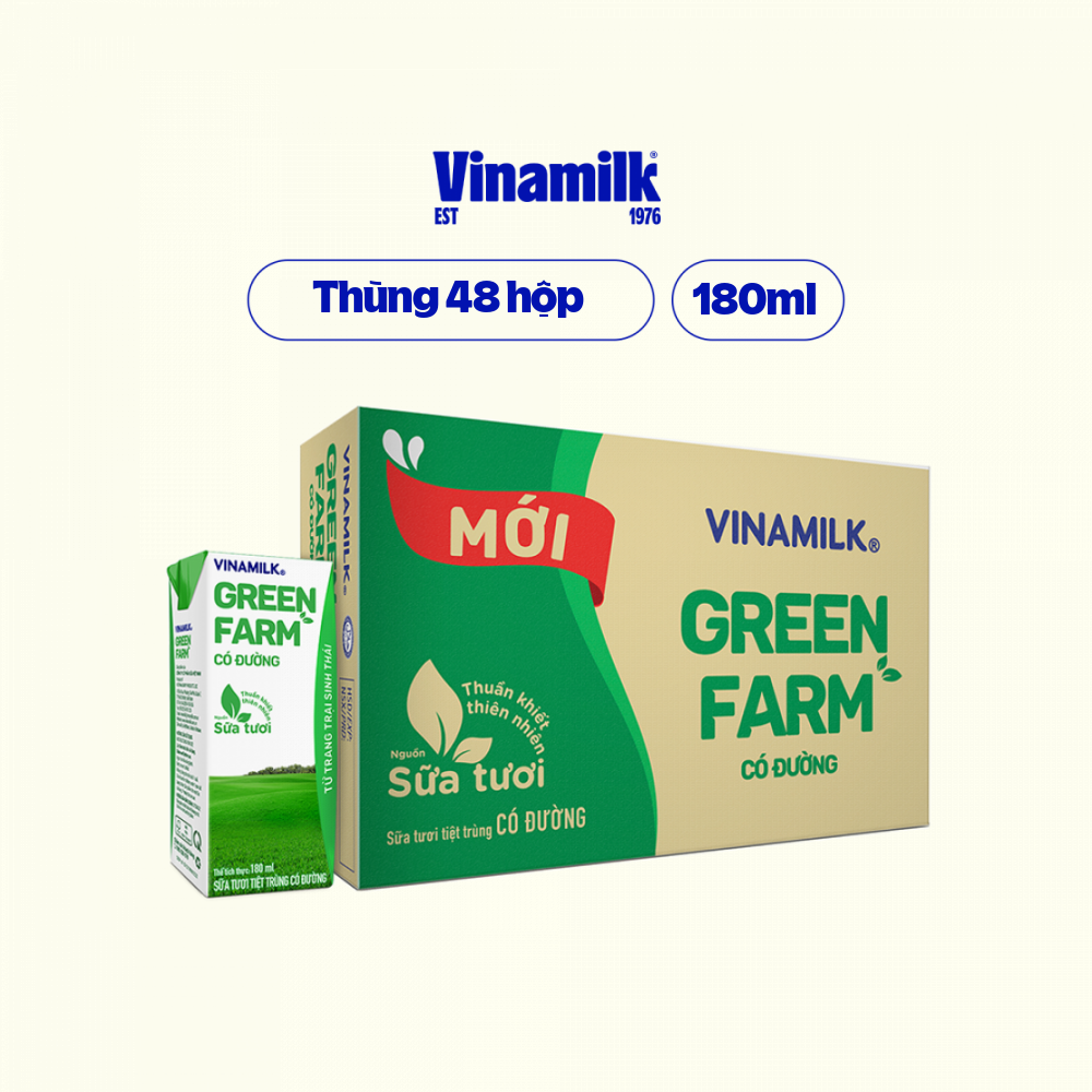 Thùng 48 Sữa Tươi Tiệt Trùng Vinamilk Green Farm - Sữa Tươi 100% Có Đường 180ml