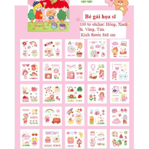 Hộp 100 tờ sticker trang trí hình dán cô gái dễ thương
