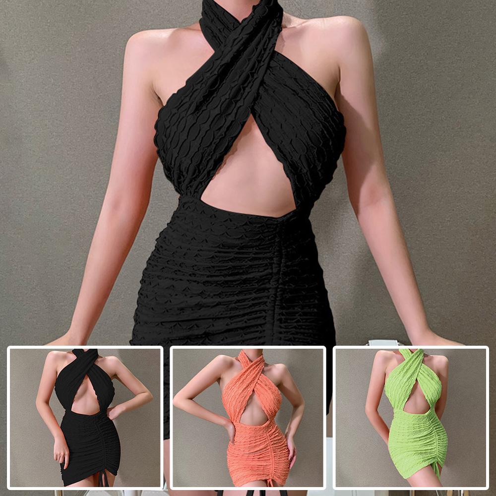 Women Backless Mini Dress Party Club Open Back Halter Sleeveless Hollow Out Bodycon Dress