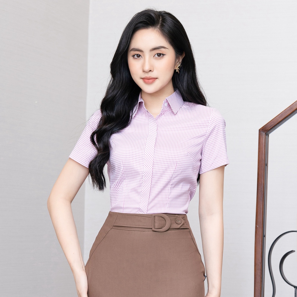 Áo Sơ Mi Nữ Công Sở Thiết Kế Họa Tiết Caro Đẹp Ngắn Tay Vải Hàn Cao Cấp Không Nhăn Nhàu UK Fashion NKSM2012010