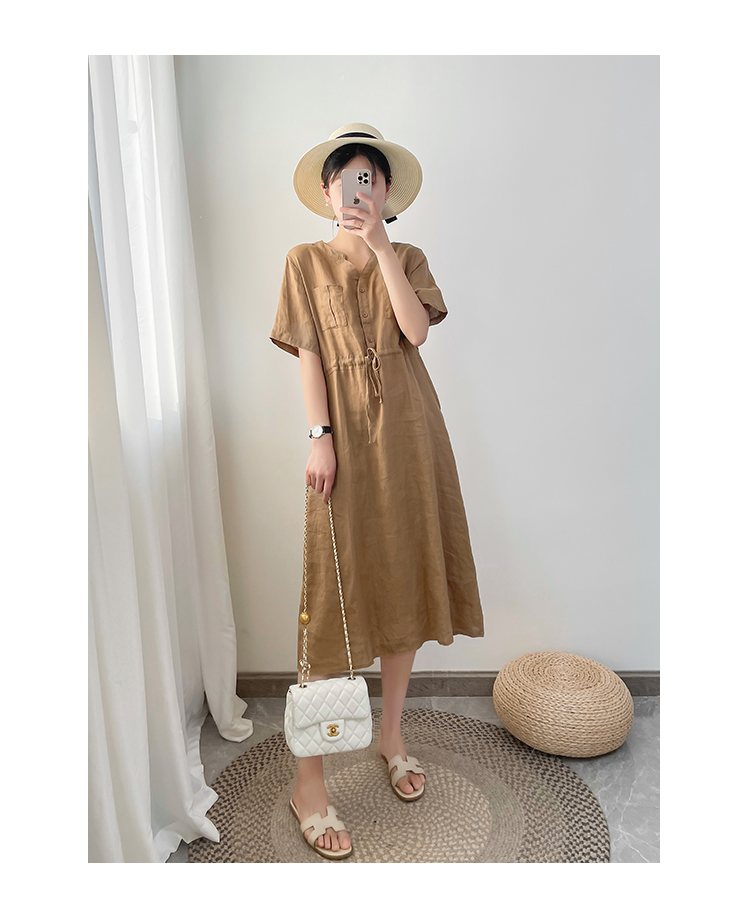 Đầm hè nữ linen suông cổ trụ tay cộc túi bổ trước, chất vải linen mềm mát Đũi Việt