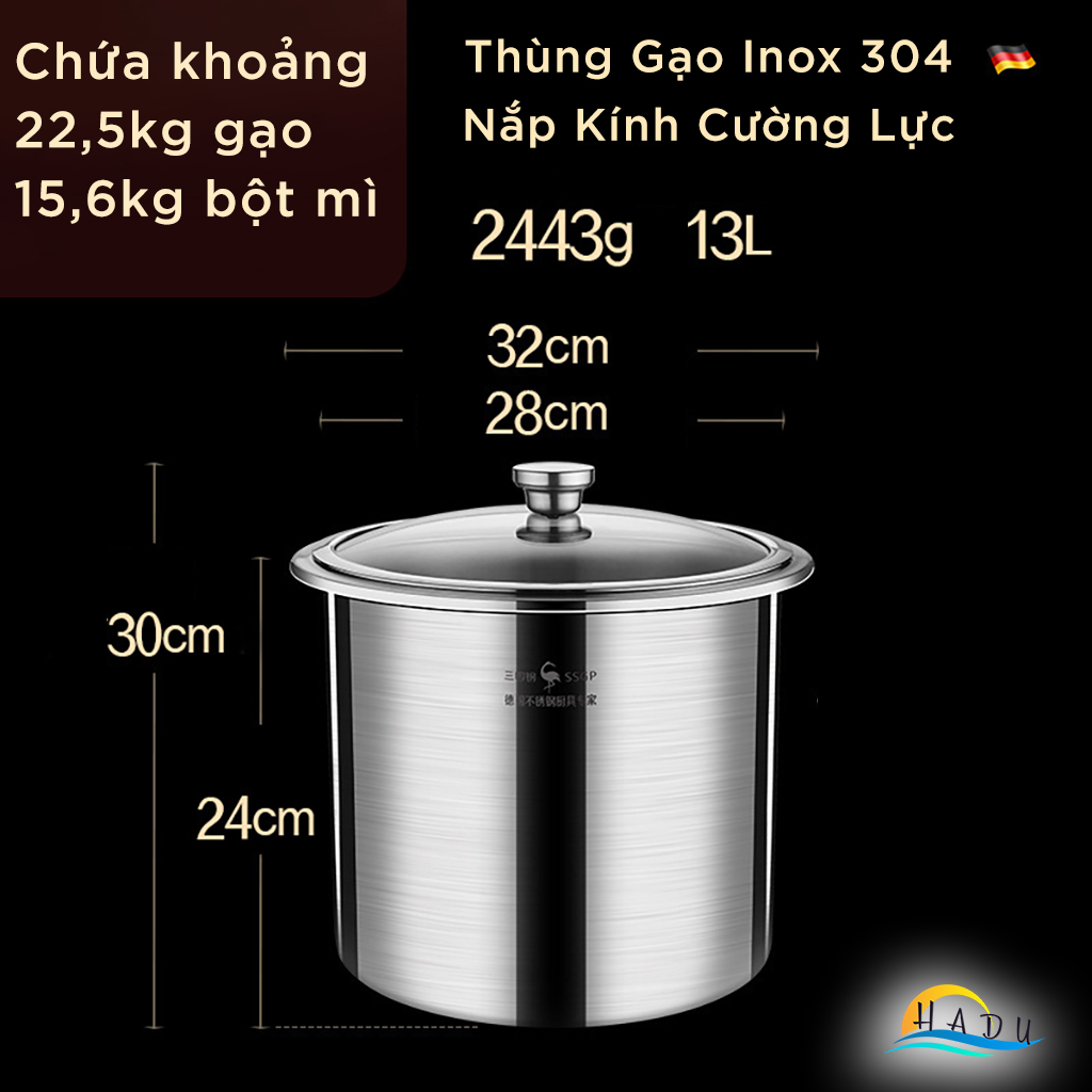 Thùng Đựng Gạo 10kg Thông Minh Inox 304 Nắp Kính Cao Cấp Đạt Chất Lượng Đức SSGP