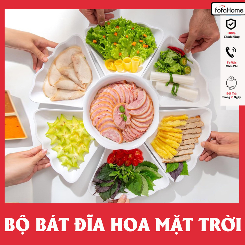 Bộ Bát Đĩa Hoa Mặt Trời Trắng Trơn Bày Mâm Cỗ Bằng Nhựa 7 Chi Tiết Cao Cấp