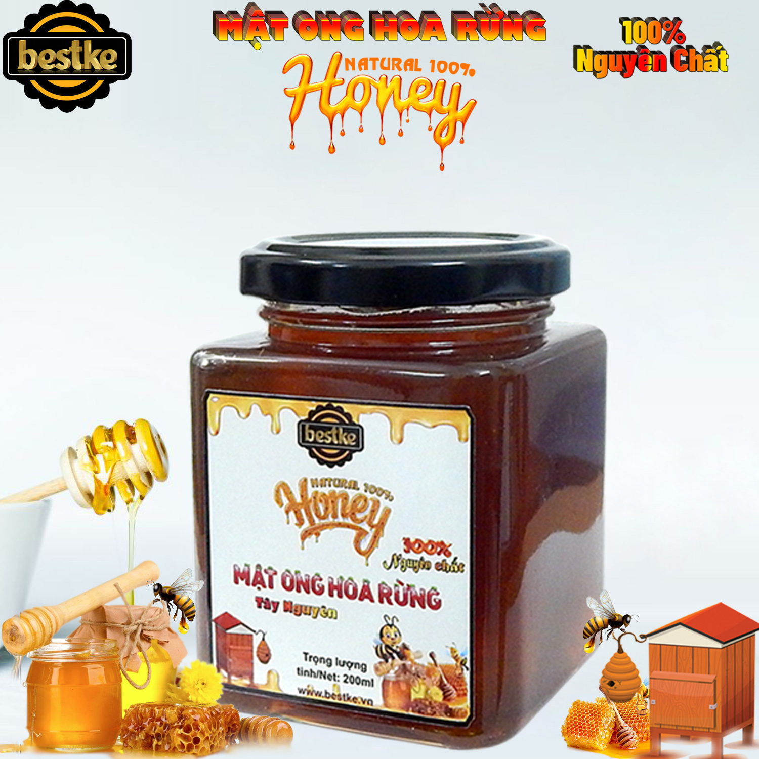 Honey natural Mật ong rừng 100% nguyên chất tự nhiên cam kết đúng chất lượng lọ 200ml Bestke 