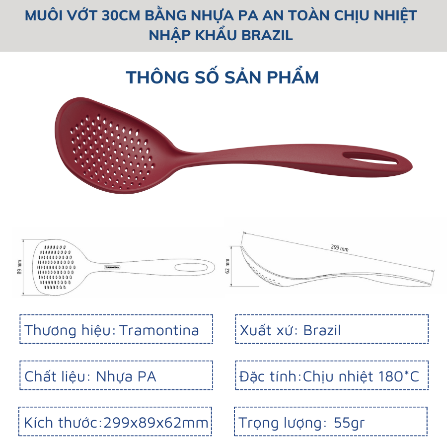 Vá Có Lỗ/ Muôi Vớt Tramontina 30cm Bằng Nhựa PA An Toàn Cho Sức Khỏe Chịu Nhiệt Đến 180 Độ C Nhập Khẩu Brazil