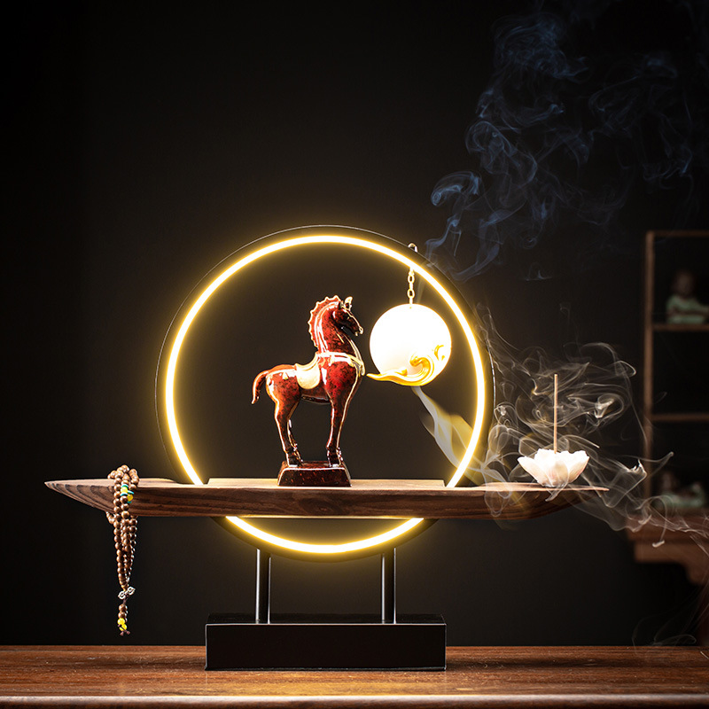 Đế Xông Trầm Tượng Sứ Song Mã – Tượng Ngựa Phong Thủy Cao Cấp, Thác Khói Trầm Hương Trang Trí Sang Trọng Kèm Đèn Led