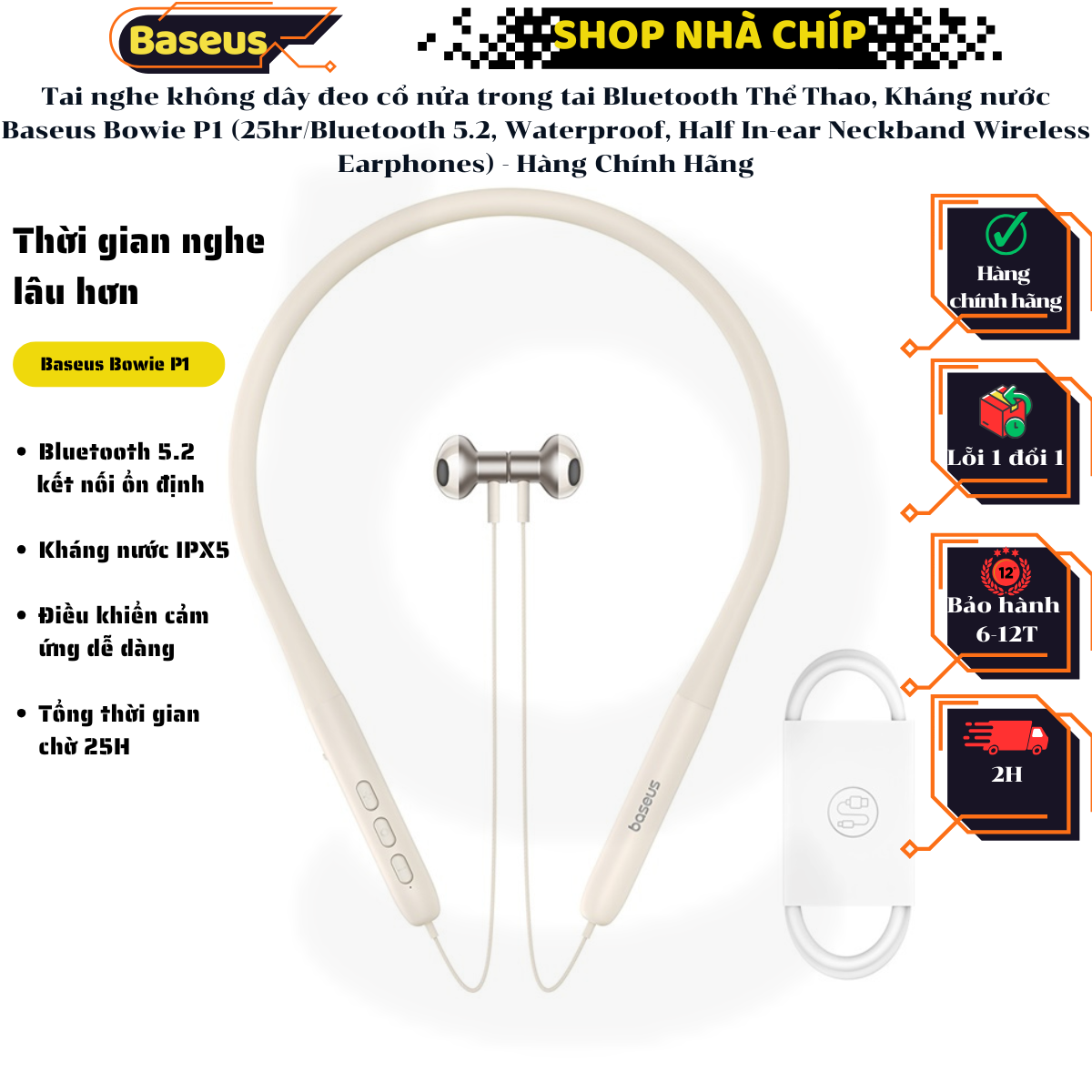 Tai nghe không dây đeo cổ nửa trong tai Bluetooth Thể Thao, kháng nước Baseus Bowie P1 (25hr/Bluetooth 5.2, Waterproof, Half In-ear Neckband Wireless Earphones) - Hàng Chính Hãng