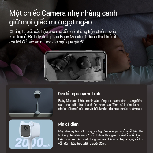 [Tặng Thẻ Nhớ 64GB] Camera Baby EZVIZ BM1, FHD 1080P, Sử Dụng Pin Sạc & Wi-fi, Hồng Ngoại Vô Hình, Phát Hiện Tiếng Khóc & Chuyển Động Của Bé, Thay Mẹ Trông Bé Ngủ Ngon - Hàng Chính Hãng