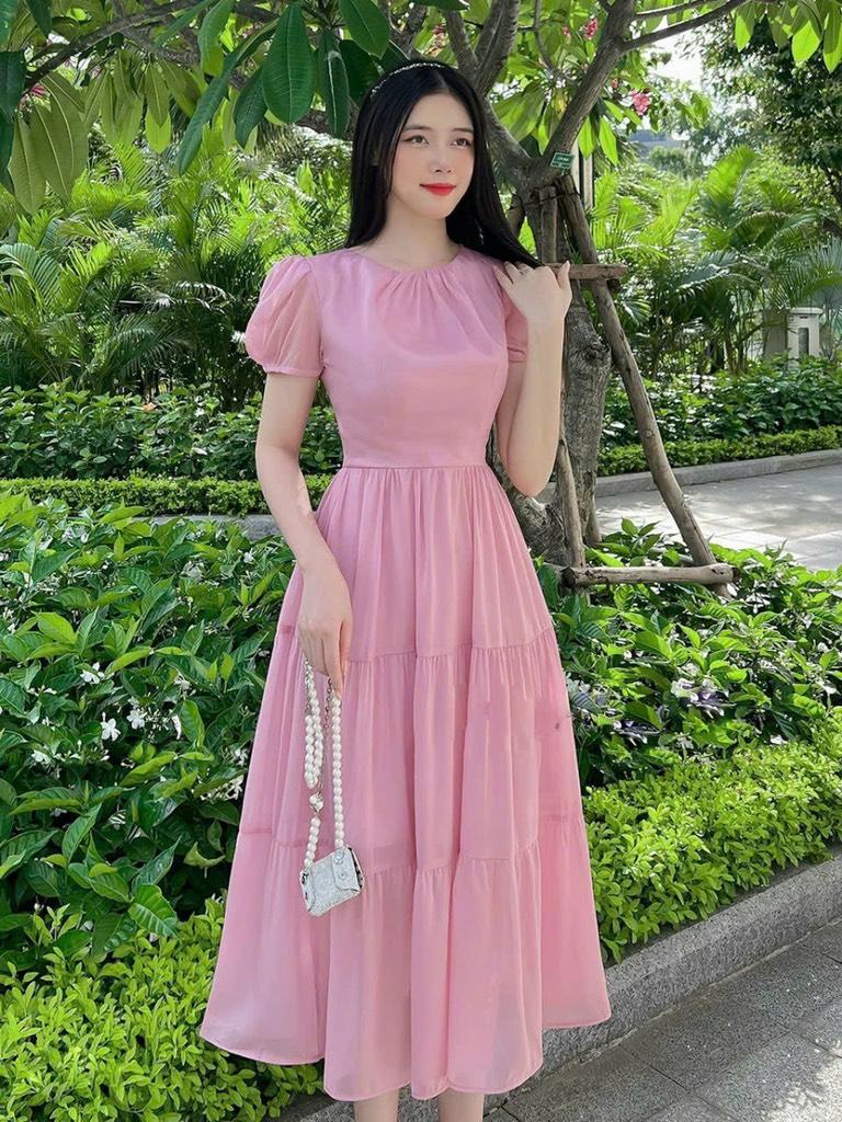 Đầm midi xòe tay phồng cổ tròn thùy mị