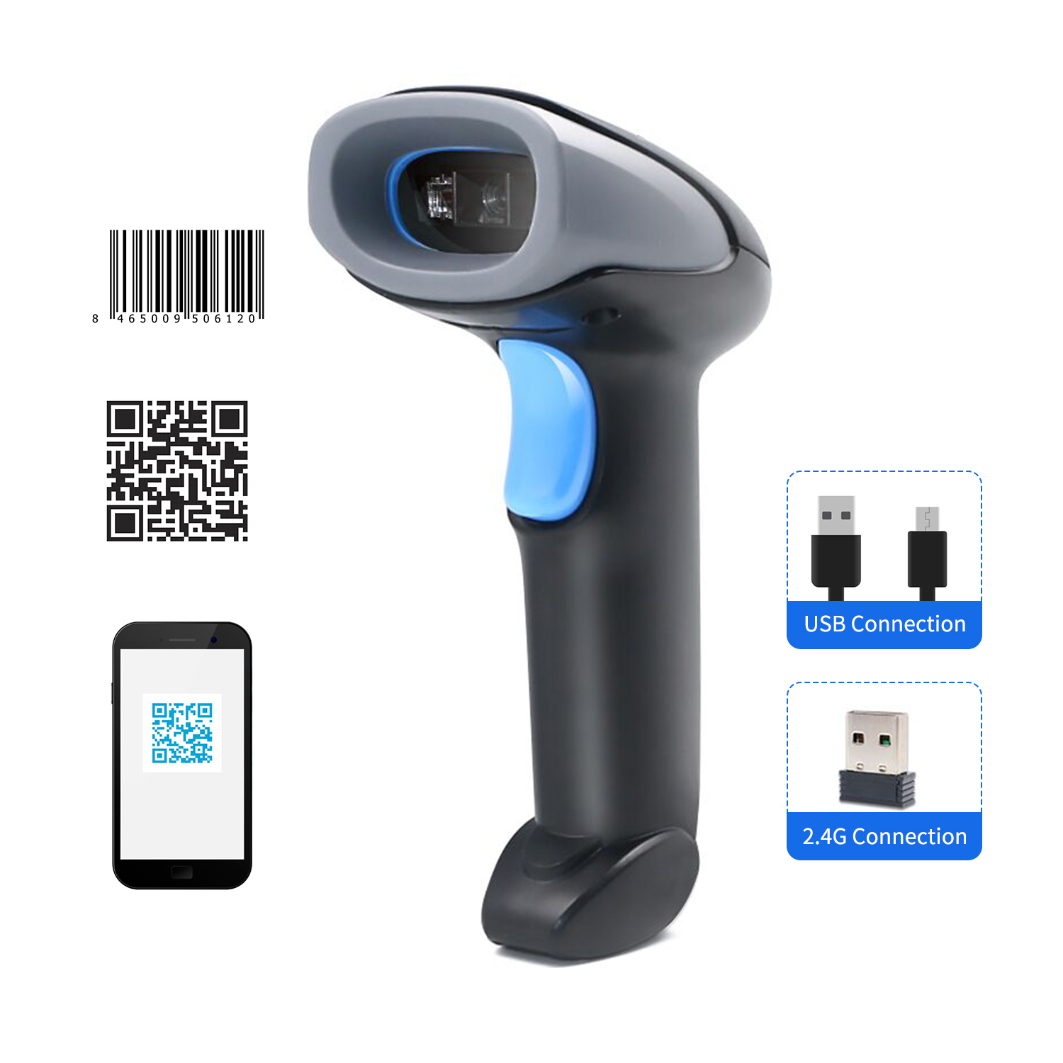 Aibecy Handheld Barcode Scanner 1D/2D/QR Code Scanner 2.4G Wireless & USB Wired Bar Code Reader Compatible with Windows
