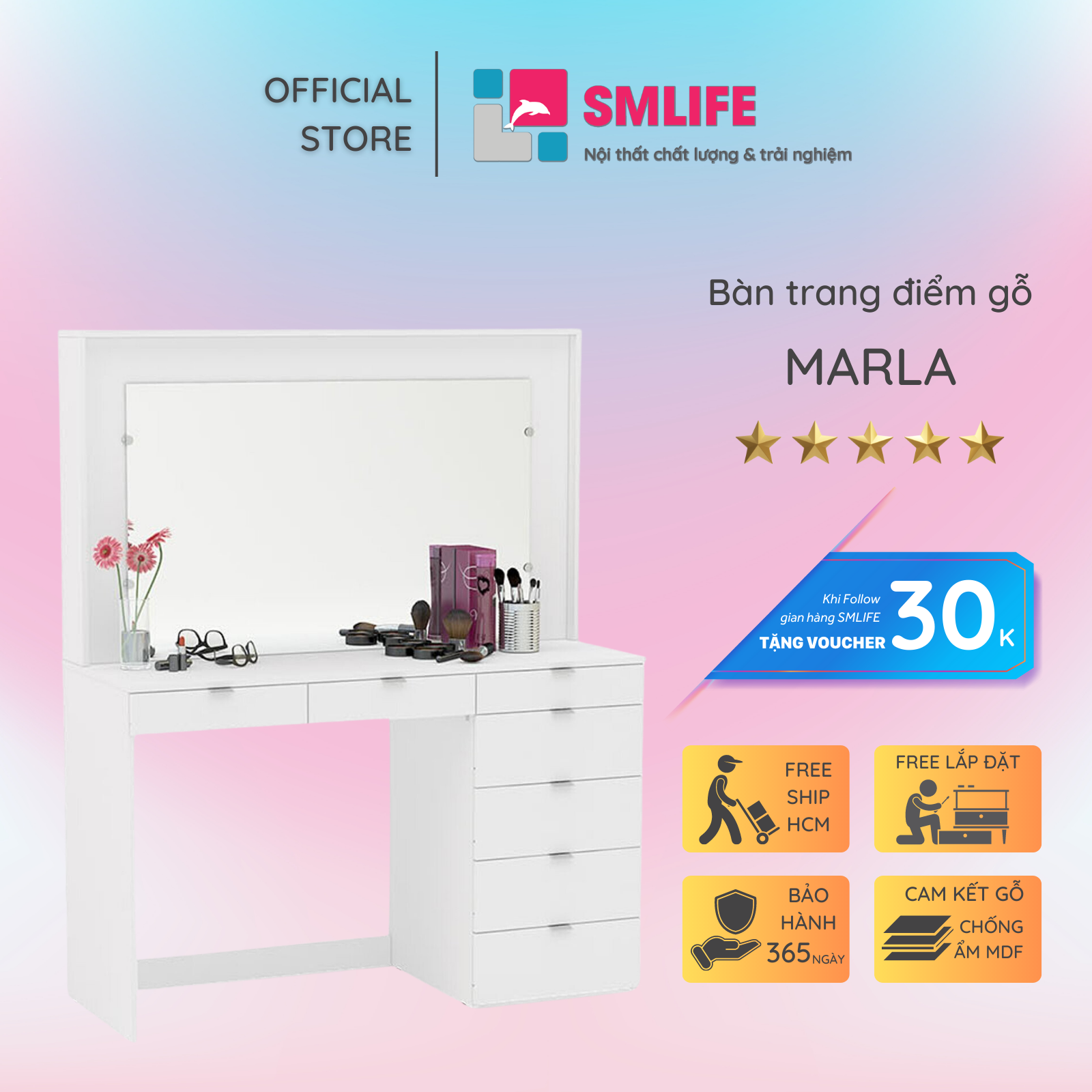 Bàn trang điểm gương đèn sang trọng SMLIFE Marla