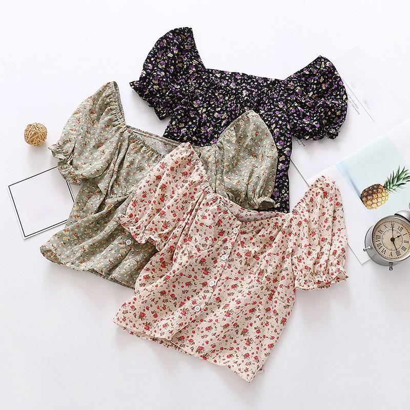 Áo Kiểu Chiffon Tay Ngắn Cổ Vuông In Họa Tiết Xinh Xắn Cho Nữ
