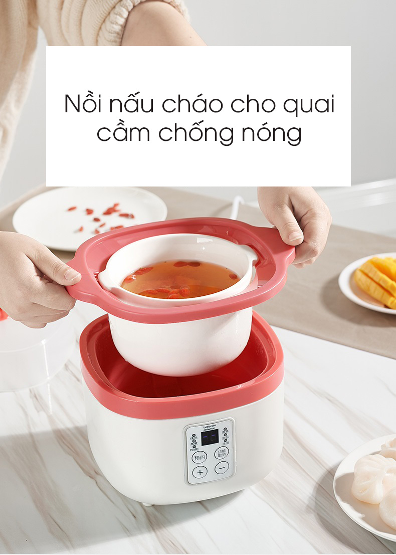 Nồi điện nấu cháo chậm đa năng bằng sứ ceramic tự động, dành cho bé ăn dặm (hấp, nấu, chưng, hầm, hâm nóng) 0,8L