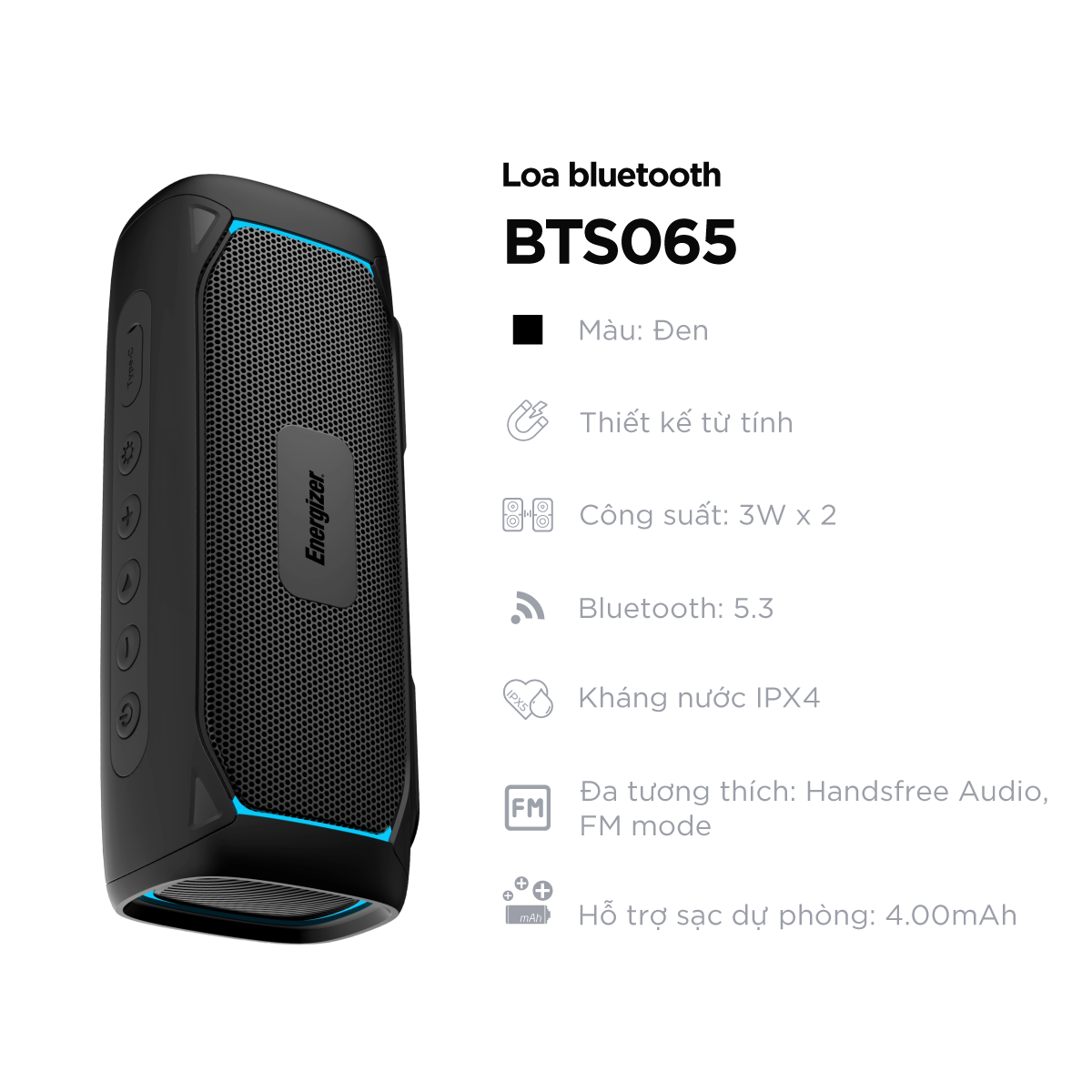 Loa di động Bluetooth Energizer Tích hợp pin dự phòng, bảo hành 12 tháng 1 đổi 1 - Hàng chính hãng