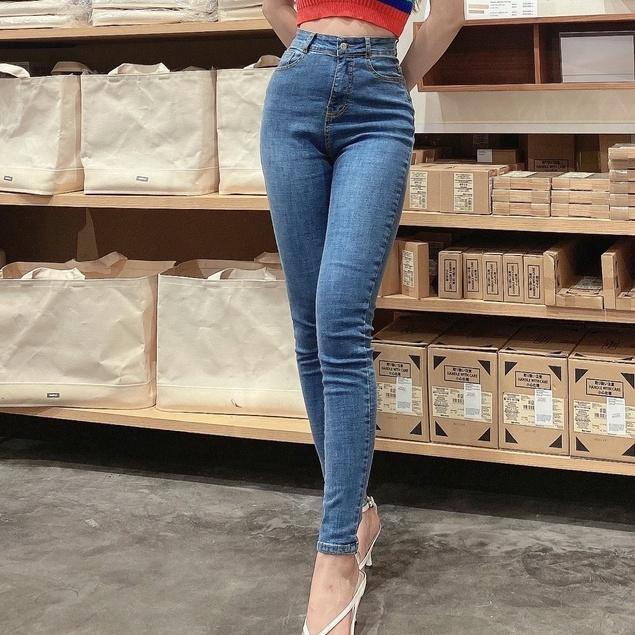 Quần jean nữ lưng cao co giản có túi, quần bò cạp cao skinny jeans bigsize trơn dài basic