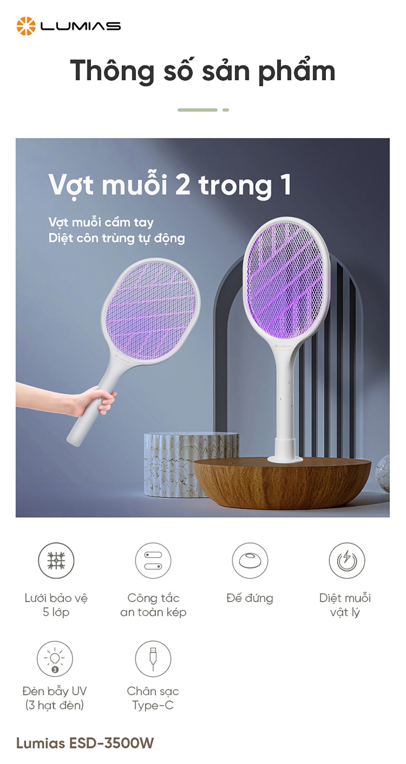Vợt muỗi Lumias ESD-3500W Hàng chính hãng