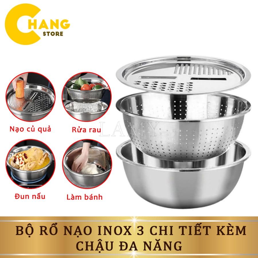 Bộ Bào Nạo Rau Củ Kiêm Rổ Và Chậu Inox Cao Cấp Đa Năng Tiện Dụng