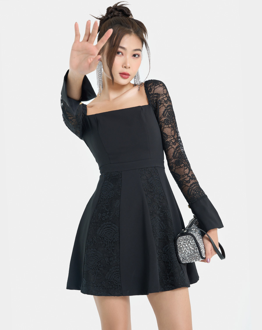 Đầm Mini Nữ Thời Trang JUNO Phối Ren Cúp Ngực Tay Dài JNDLU054