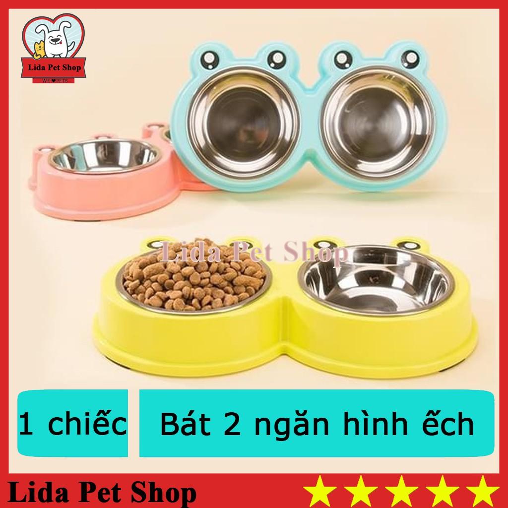 Bát ăn 2 ngăn hình ếch lòng inox cho chó mèo thú cưng