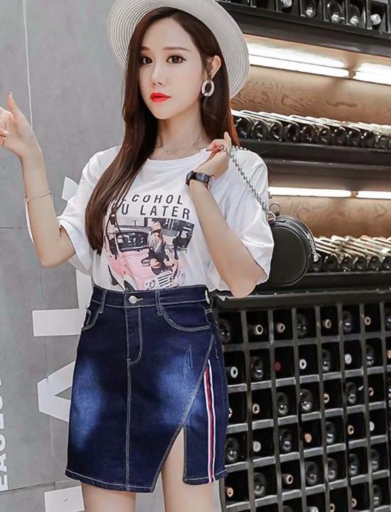 Chân váy jeans sọc xẻ tà xéo Mã: VN838