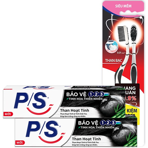 Combo 2 Kem Đánh Răng P/S Than Hoạt Tính 180g Và  Bộ 2 Bàn Chải P/S Than Bạc