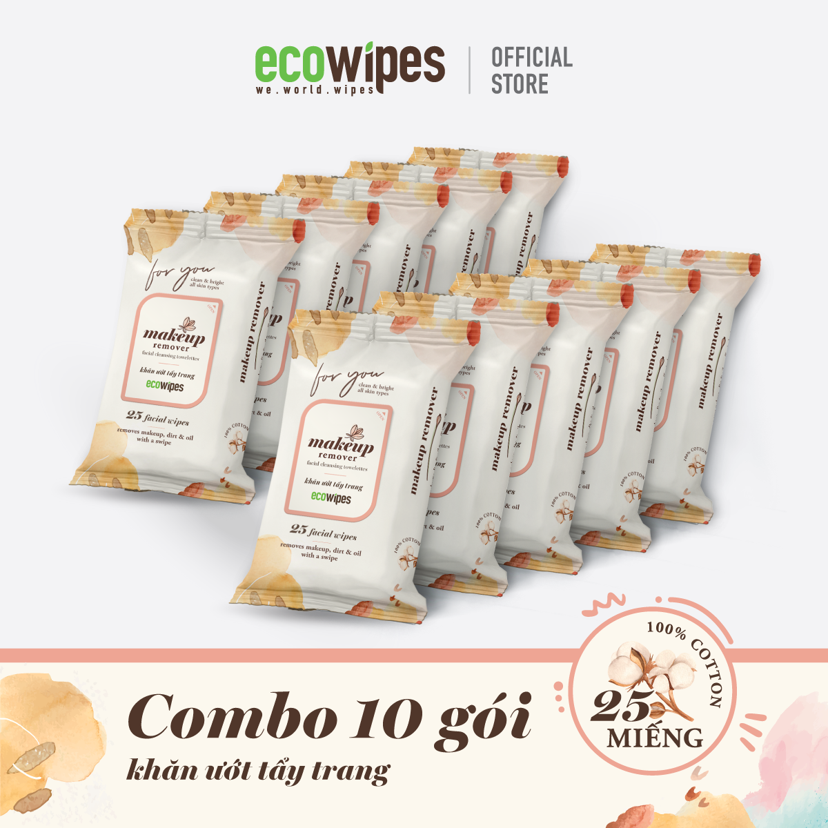 Combo 10 gói khăn giấy ướt tẩy trang Makeup Remover Ecowipes gói 25 tờ làm sạch lớp trang điểm nhanh chóng