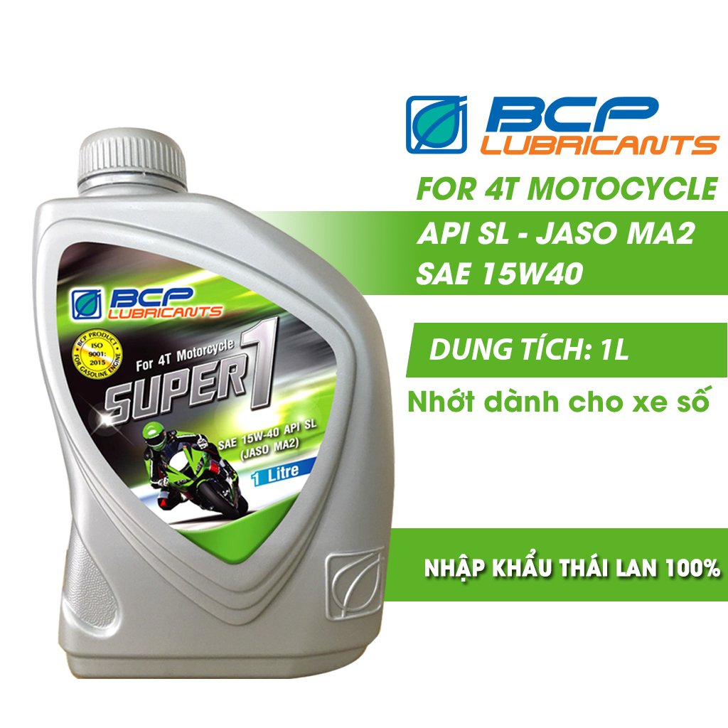 Combo 2 Chai Nhớt Xe Số BCP Super 1 SAE 15W40, API SL, JASO MA (1 Lít / Chai)