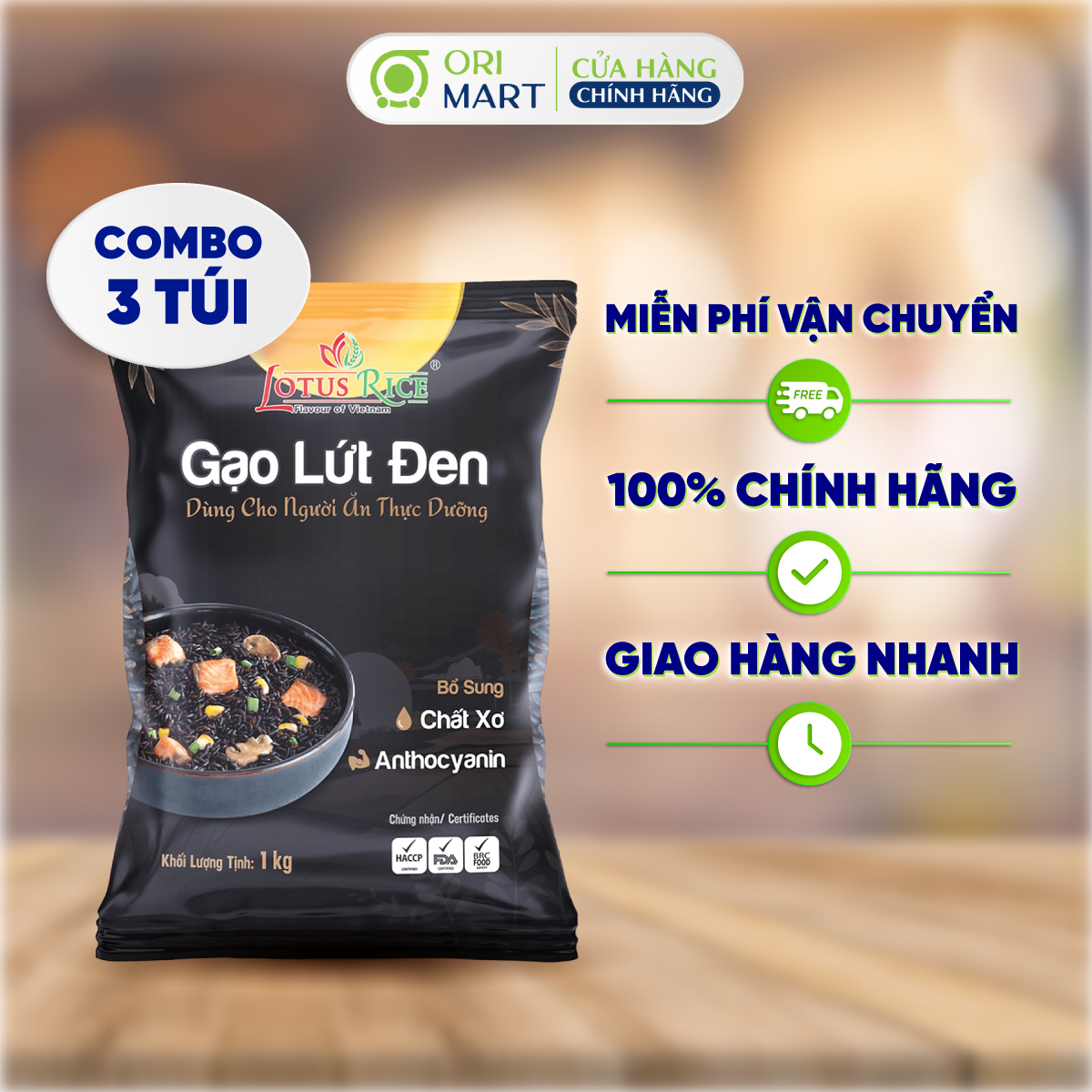 Combo 3 Gạo Lứt Đen LOTUS RICE Hàm Lượng Chất Xơ Cao Hương Thơm Nhẹ Gạo Dẻo Dễ Ăn 1kg ORIMART