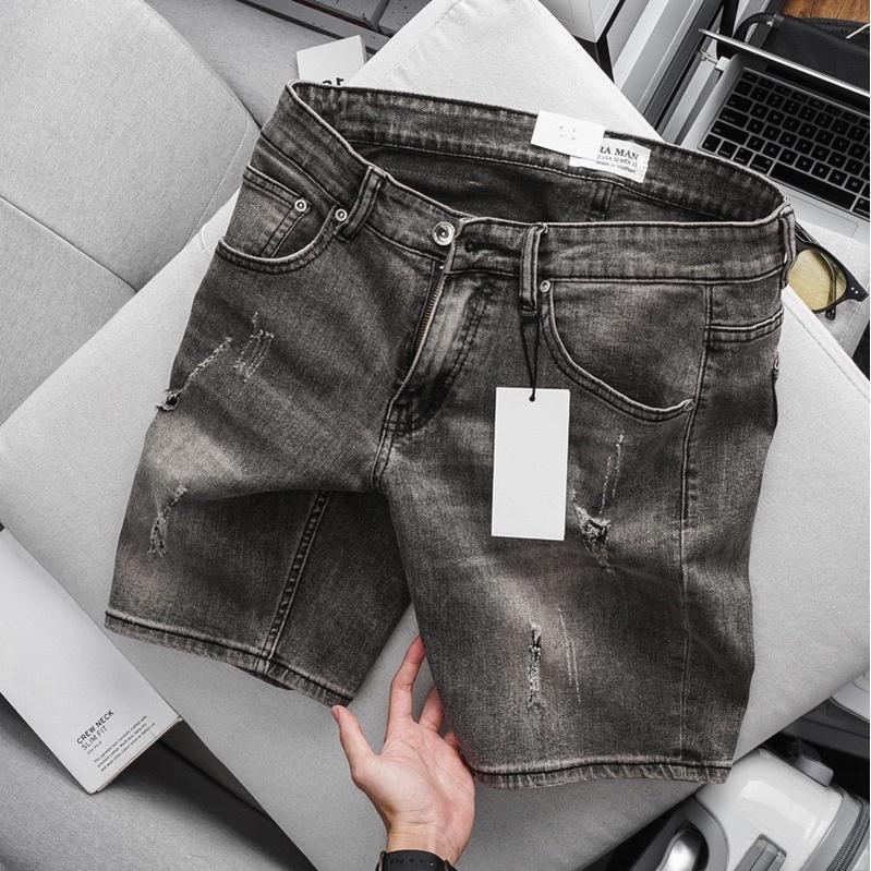 Quần short jean nam ống suông VNXK màu đen xám cotton