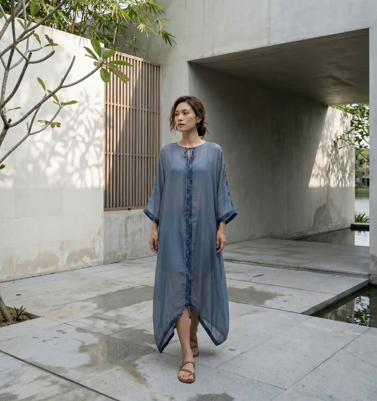Đầm Suông Dài Kaftan Xanh Phối Hoạ Tiết Lam Vũ Dre240 thời trang Hity