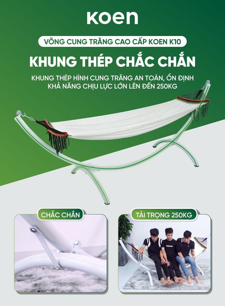 Võng cung trăng koen màu trắng xếp gọn với khung sơn tĩnh điện cao cấp