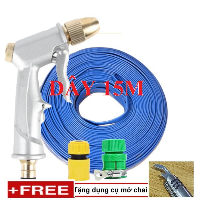 Bộ dây vòi xịt nước rửa xe, tưới cây . tăng áp 3 lần, loại 15m 206701 đầu đồng,cút, + tặng mở chai