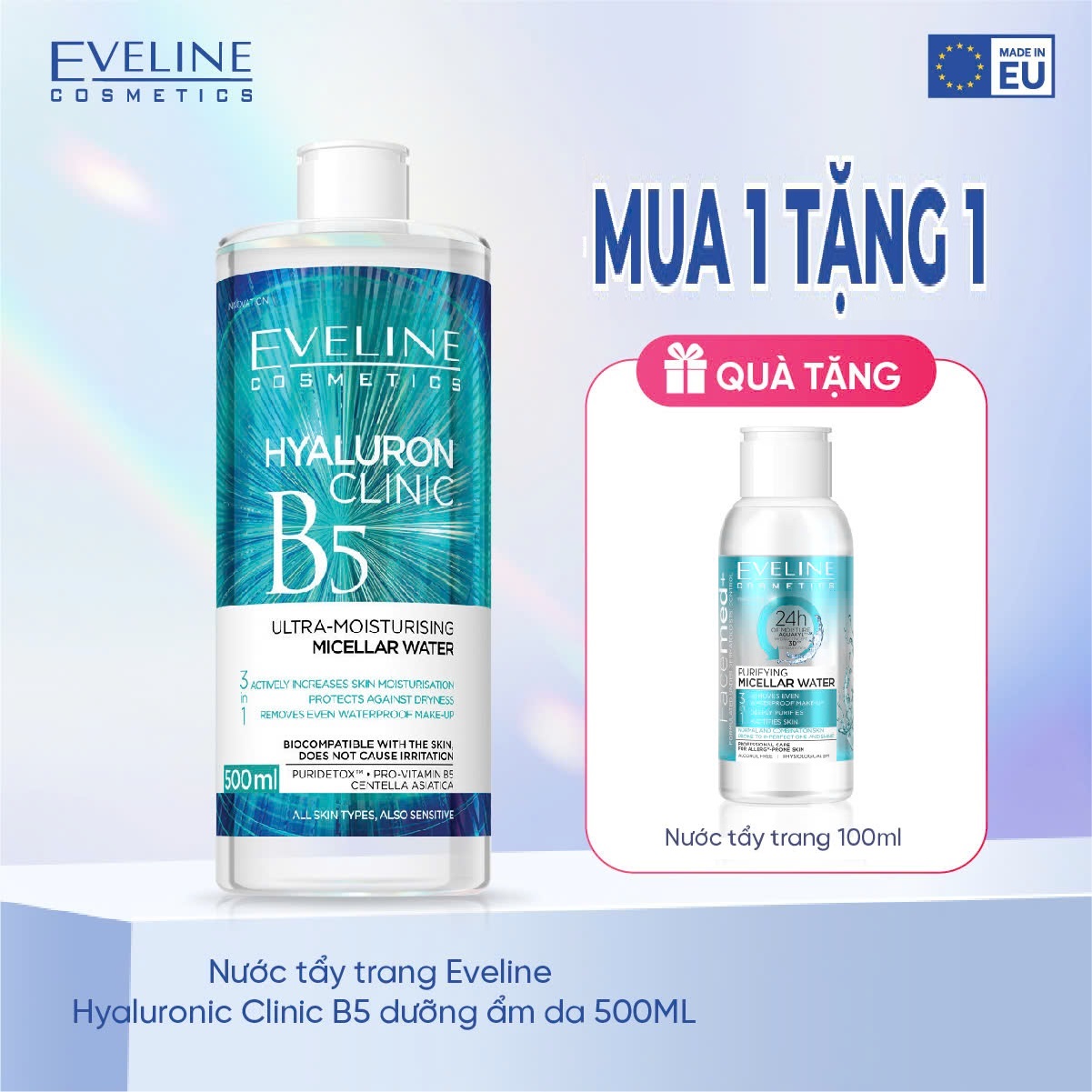 Nước Tẩy Trang Eveline Hyaluronic Clinic B5 Ngăn Ngừa Mụn Lão Hóa Và Dưỡng Ẩm Da 500Ml