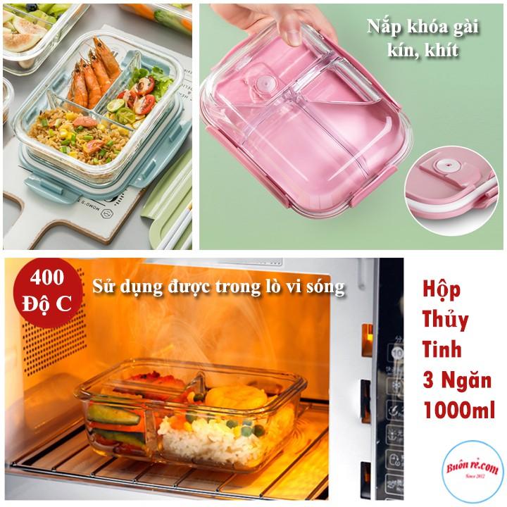 Combo cơm văn phòng: Hộp thủy tinh 3 ngăn 1000ml / Hộp thủy tinh tròn 400ml / Túi đựng cơm Lunch Bag / Bộ đũa+thìa+dĩa